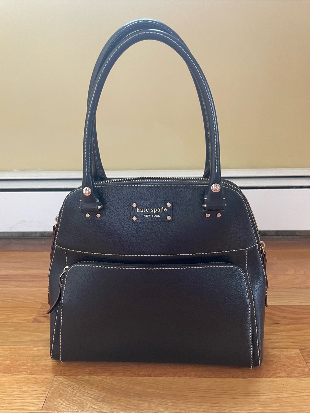 kate spade Black Pebble Leather Satchel with Contrast Stitching